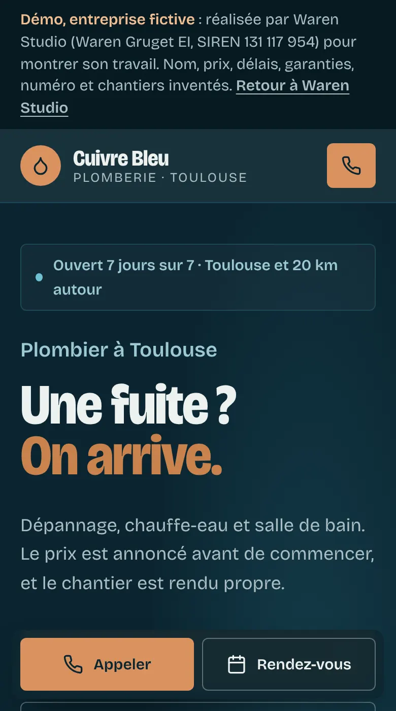Haut de page de la démo Cuivre Bleu sur téléphone