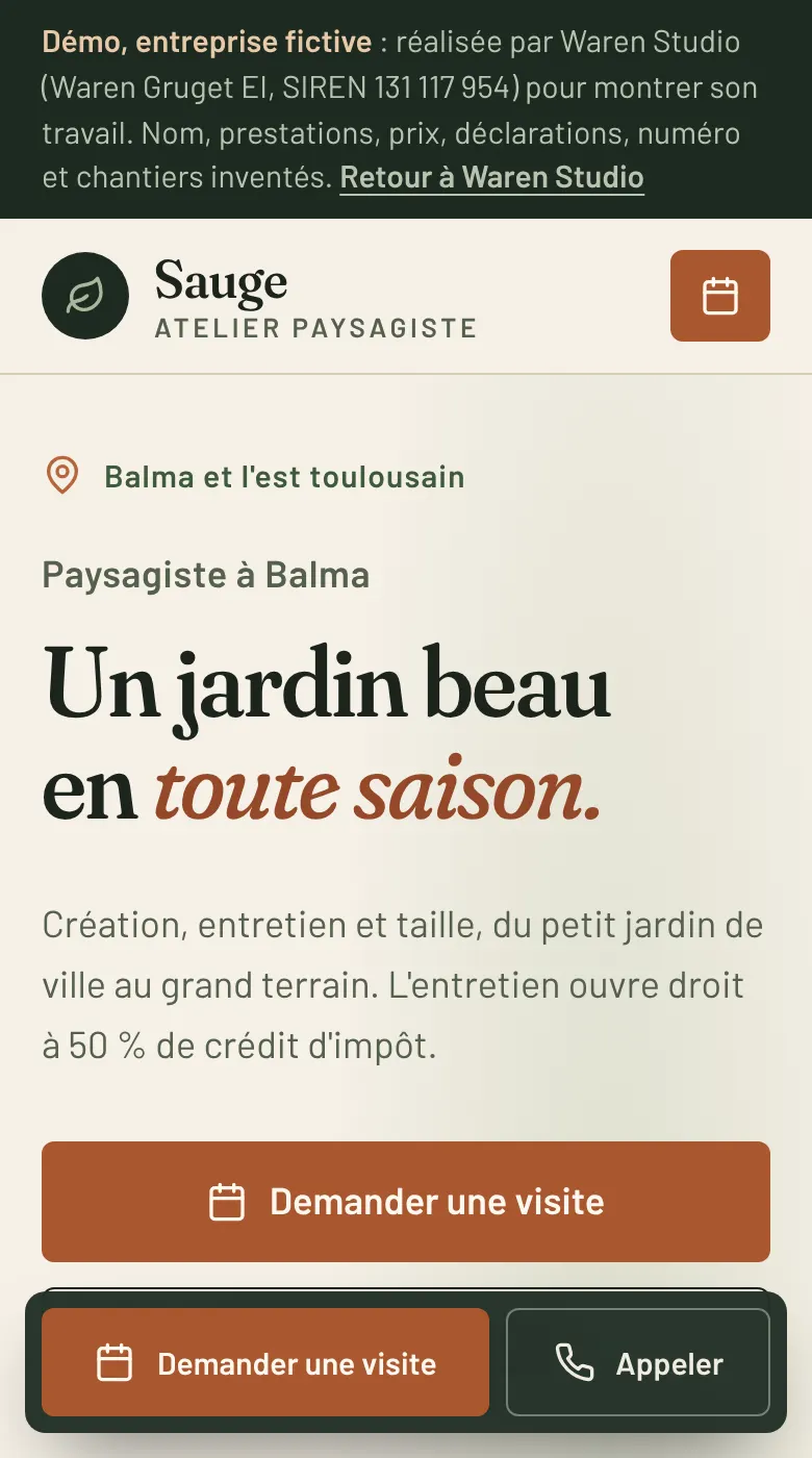 Haut de page de la démo Sauge sur téléphone